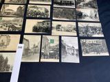 several old black and white photos of a city and a train