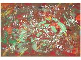 abstract painting of red, green, yellow, and white paint on a canvas