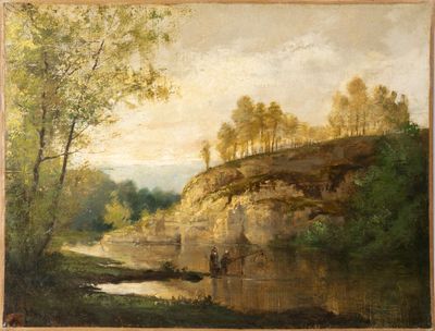 une image d'une peinture représentant une rivière dans une zone boisée