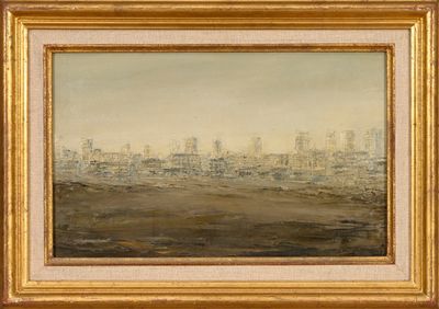 une peinture à l'huile représentant un paysage urbain, dans un cadre doré