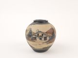a small vase with a painting on it on a white surface