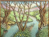 painting of a river running through a lush green forest filled with trees