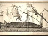 an old drawing of a ship with a man on it
