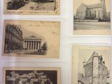 several old black and white photographs of a church and other buildings