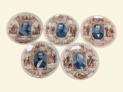 six brown and white plates with portraits of men and women on them