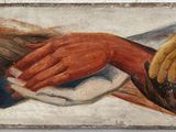une peinture représentant deux mains qui se touchent sur un mur