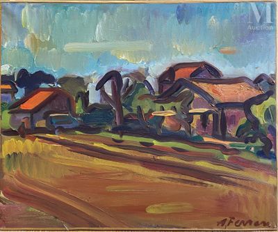 une peinture à l'huile représentant une scène de campagne avec une maison et des arbres