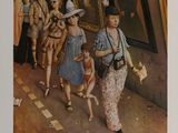 a poster of a woman walking down the street with a child
