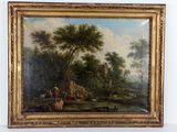 une peinture à l'huile représentant un paysage avec une rivière et un homme à cheval au premier plan