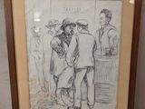 dessin encadré représentant un couple s'embrassant devant un groupe de personnes