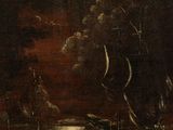 a painting of a boat in the water at night with a full moon in the sky