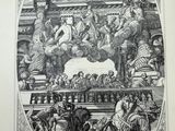 an old black and white drawing of a man on a horse in front of a crowd of people