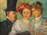 une peinture à l'huile représentant trois personnes accompagnées d'un chien et d'un homme portant un haut-de-forme