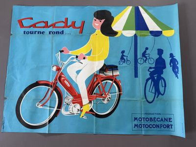 a poster of a woman riding a bike under an umbrella