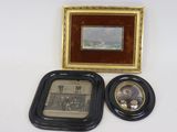 two framed pictures of a couple of people and a picture of a boat