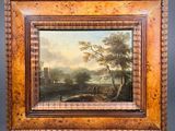 a painting of a landscape with a man and a dog by a river