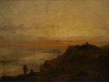 un tableau représentant deux personnes debout sur une colline, avec un coucher de soleil en arrière-plan