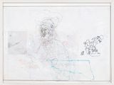 dessin représentant un homme coiffé d'un chapeau et une femme en robe, assis à une table face à lui