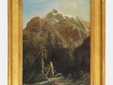une peinture à l'huile représentant un paysage de montagne avec un bateau au premier plan