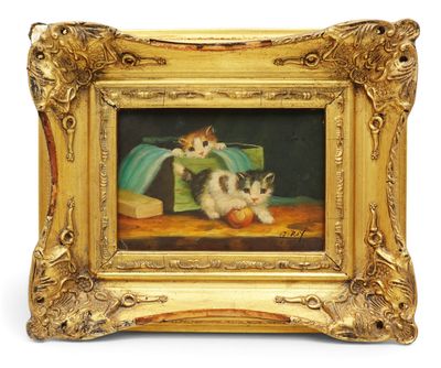 un tableau représentant deux chatons assis côte à côte sur une table