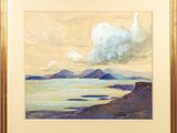 une peinture à l'huile représentant un paysage avec des montagnes et un plan d'eau
