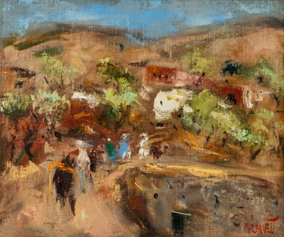 une peinture à l'huile représentant un groupe de personnes marchant sur un chemin de terre