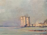 an oil painting of a lighthouse on a rocky beach near the ocean