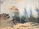 une peinture représentant une chaîne de montagnes avec des nuages dans le ciel