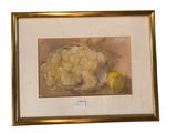 painting of a basket of grapes and a lemon on a table