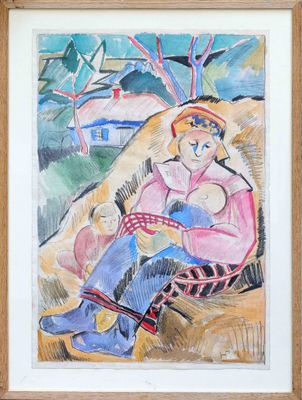 an image of a painting of a woman sitting on a bench