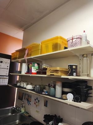a kitchen with a refrigerator, sink, and shelves with dishes on it