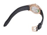 a close up of a wrist watch with a black leather strap