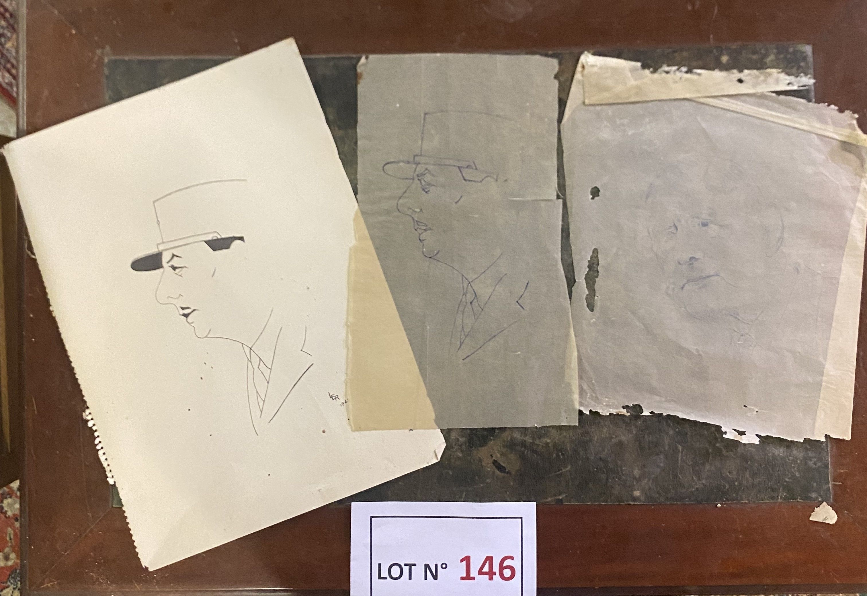F. Lericolais (XXeme) : Lot de 3 oeuvres dt dessin de 1949 (Sbd) représentant profil du général de Gaulle et on joint...