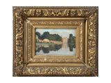 une peinture représentant une image d'un lac avec un bâtiment en arrière-plan