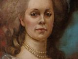 painting of a woman in a blue dress with a pearl necklace