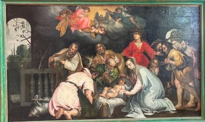 un tableau représentant une crèche avec un bébé dans une mangeoire
