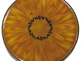 yellow and black plate with a flower on it on a white background