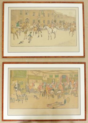 two framed pictures of people riding horses in the street