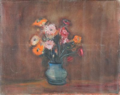 a painting of flowers in a blue vase on a table