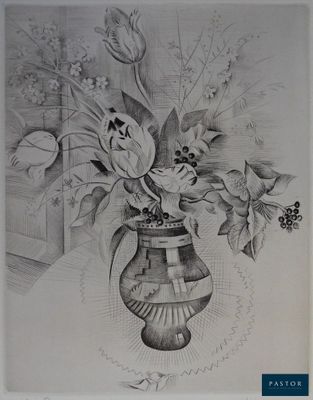 un dessin représentant un vase avec des fleurs à l'intérieur