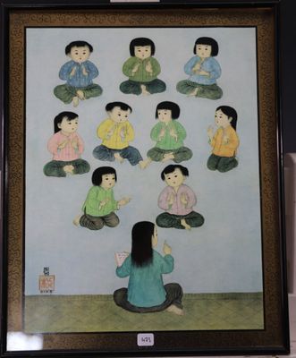 un tableau représentant une femme assise devant un groupe d'enfants