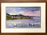a painting of sailboats on the water with a town in the background