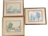 trois aquarelles encadrées représentant des arbres et une rivière, dans un cadre doré