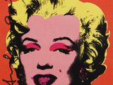 an image of a painting of marilyn monroe on a red background