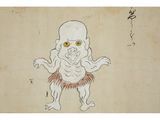 a drawing of a man with yellow eyes standing in front of a white background