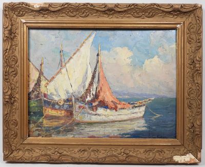 une peinture à l'huile représentant un voilier sur l'eau, avec un rocher au premier plan