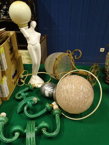 Paire d’appliques en céramique verte à deux bras de lumière, lamp...