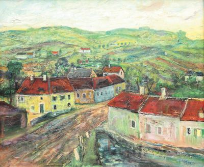 une peinture à l'huile représentant un village avec un chemin de terre au premier plan