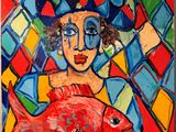 tableau représentant une femme tenant un poisson devant un fond coloré