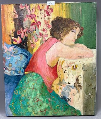 une peinture à l'huile représentant une femme assise sur un canapé à côté d'un vase